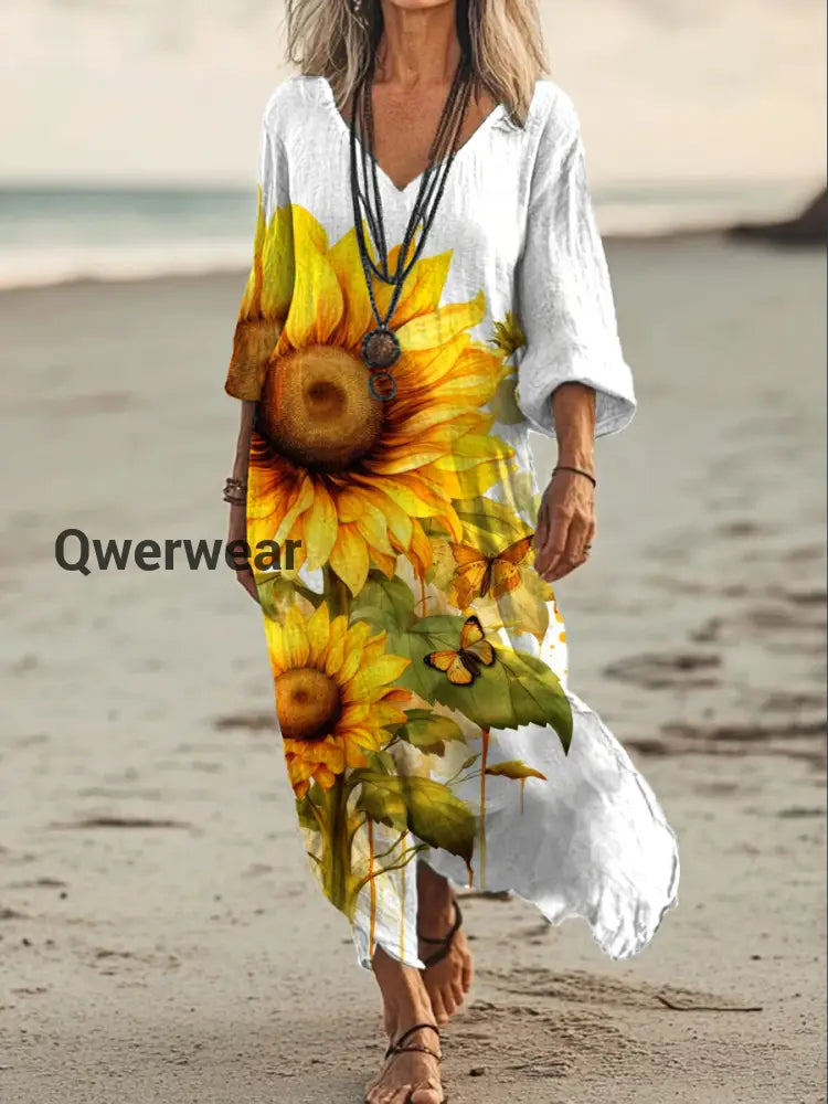 Vintage V-neck Bohemian Floral Print Elegant Chic Loose Midi Dress A / S