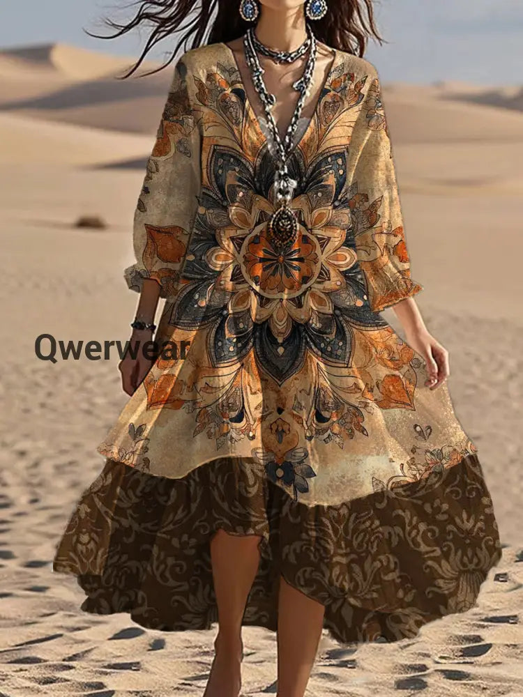 Vintage V-neck Bohemian Floral Print Elegant Chic Loose Midi Dress A / S