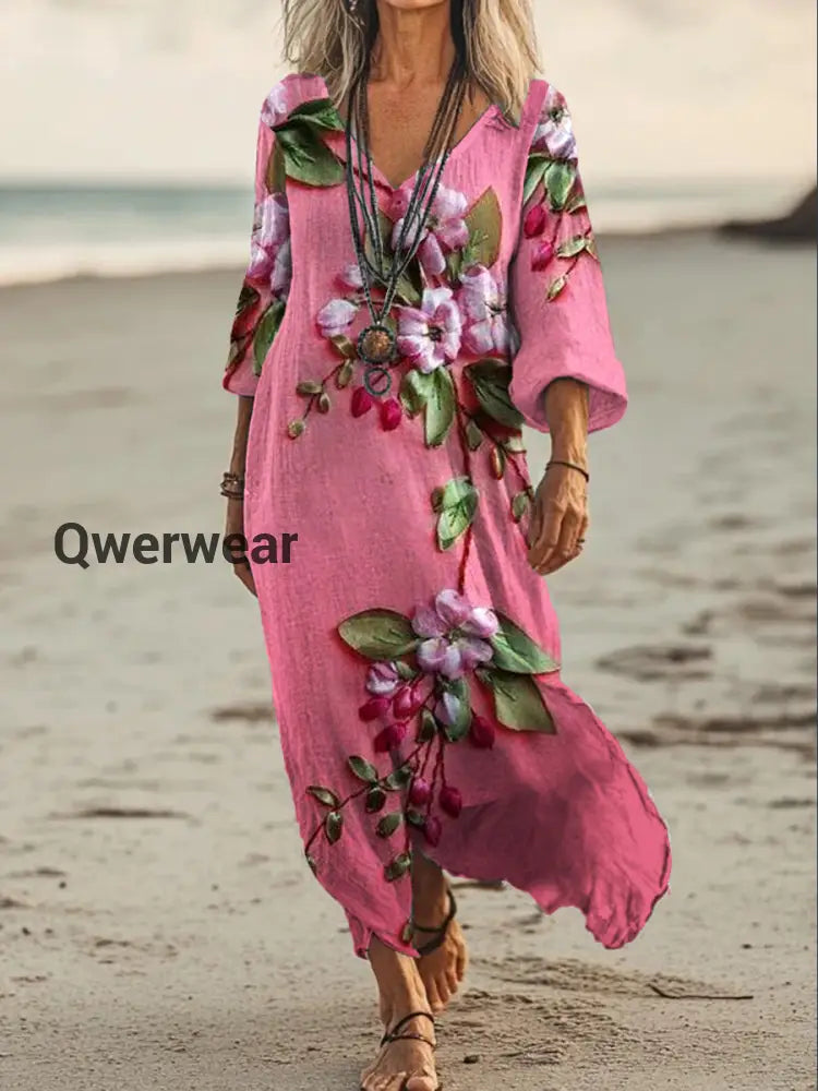 Vintage V-neck Bohemian Floral Print Elegant Chic Loose Midi Dress A / S