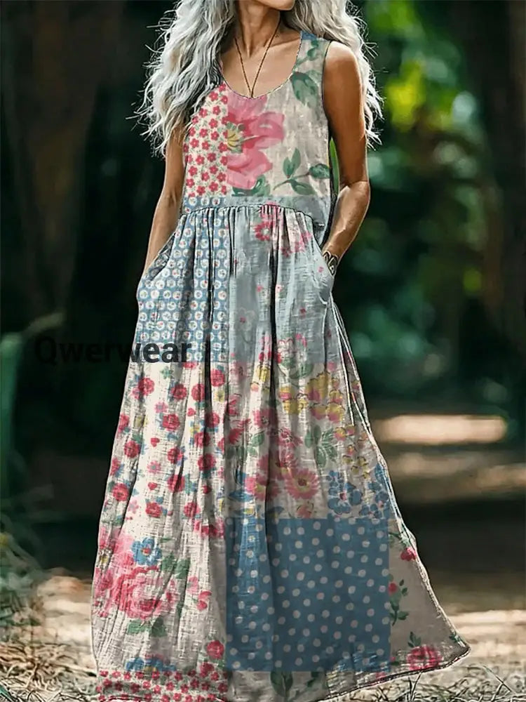 Vintage V-neck Bohemian Floral Print Elegant Chic Loose Midi Dress A / S