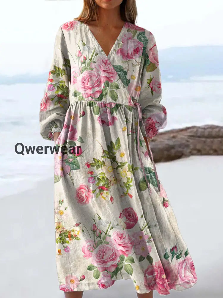 Vintage V-neck Bohemian Floral Print Elegant Chic Loose Midi Dress A / S