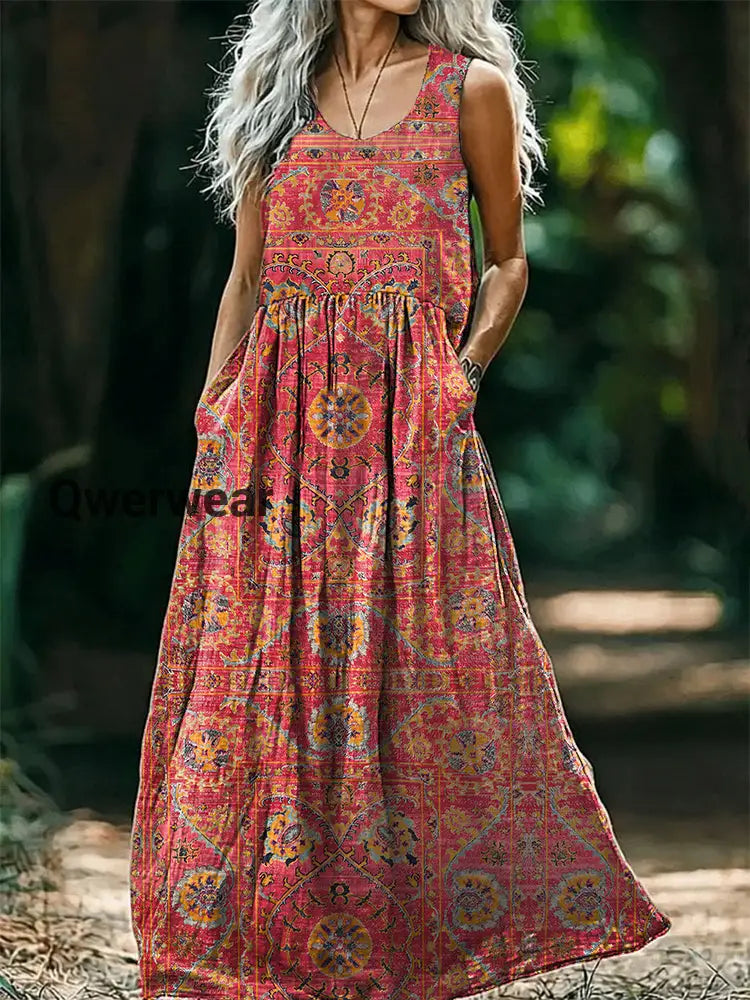 Vintage V-neck Bohemian Floral Print Elegant Chic Loose Midi Dress A / S