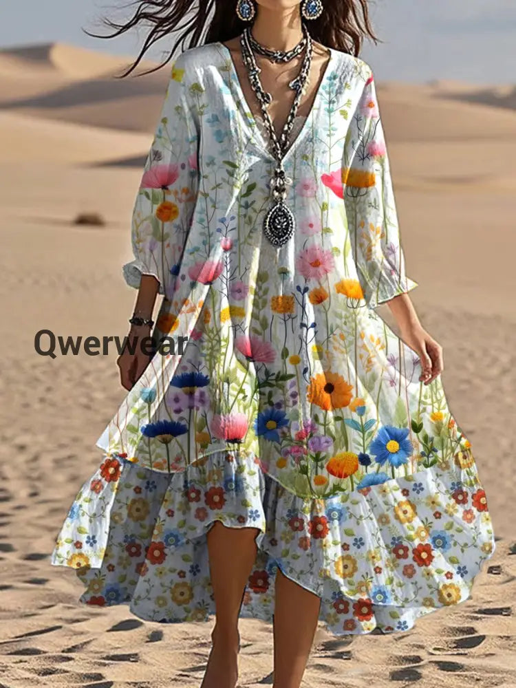 Vintage V-neck Bohemian Floral Print Elegant Chic Loose Midi Dress A / S