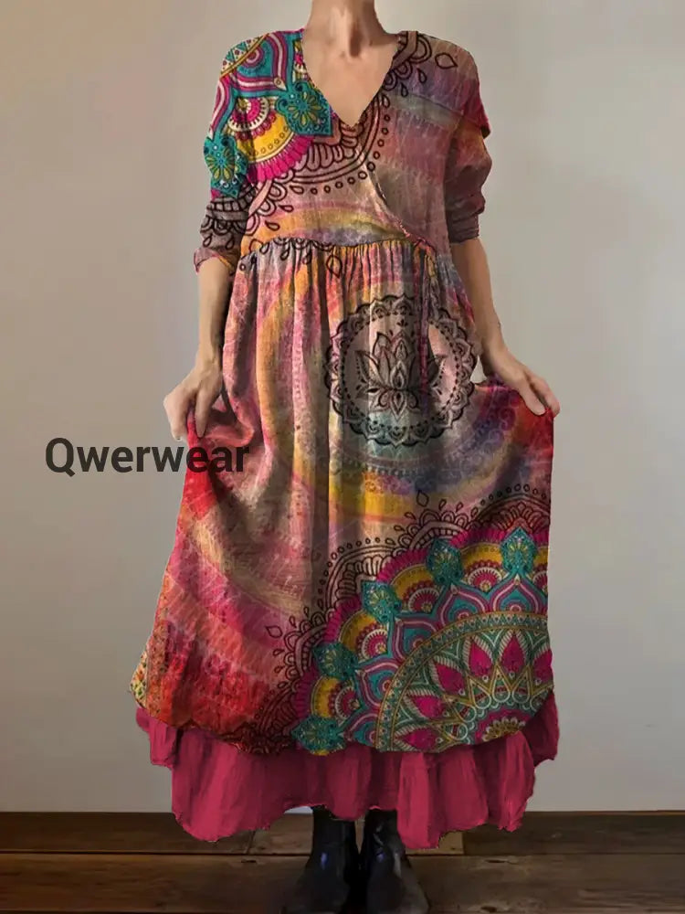 Vintage V-neck Bohemian Floral Print Elegant Chic Loose Midi Dress A / S