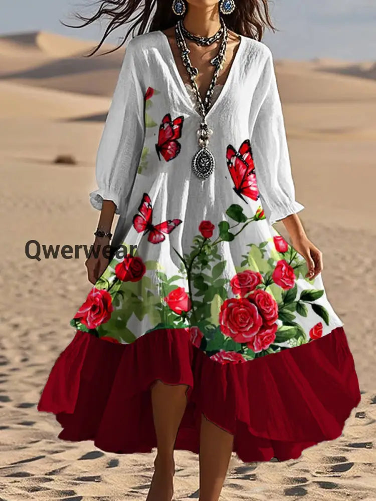 Vintage V-neck Bohemian Floral Print Elegant Chic Loose Midi Dress A / S