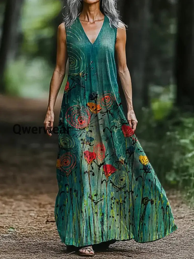 Vintage V-neck Bohemian Floral Print Elegant Chic Loose Midi Dress-DR-F-50 A / S