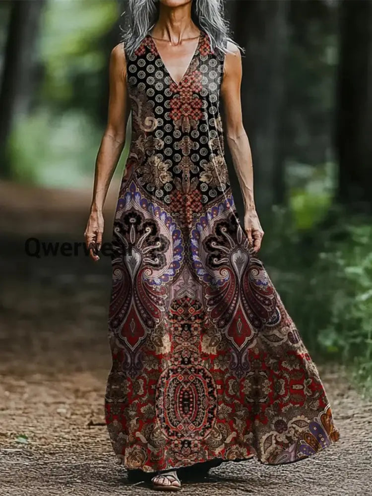 Vintage V-neck Bohemian Floral Print Elegant Chic Loose Midi Dress-DR-F-55 A / S