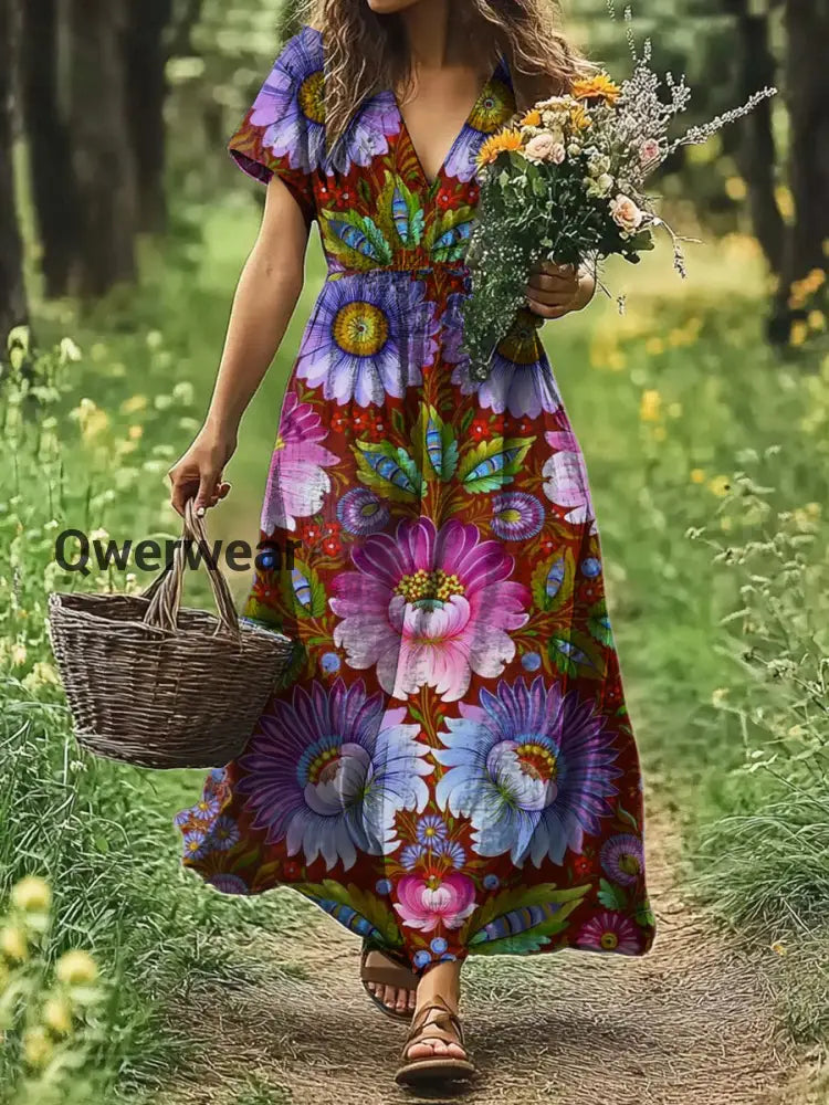Vintage V-neck Bohemian Floral Print Elegant Chic Loose Midi Dress-DR-F-56 A / S