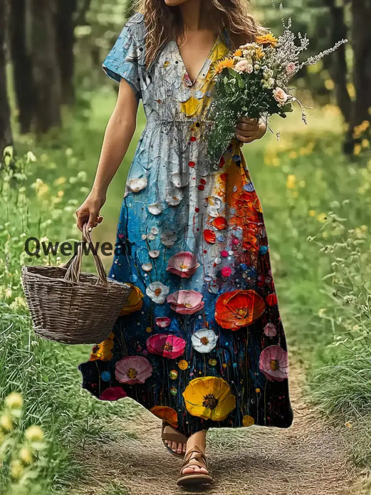 Vintage V-neck Bohemian Floral Print Elegant Chic Loose Midi Dress-DR-F-60 A / S