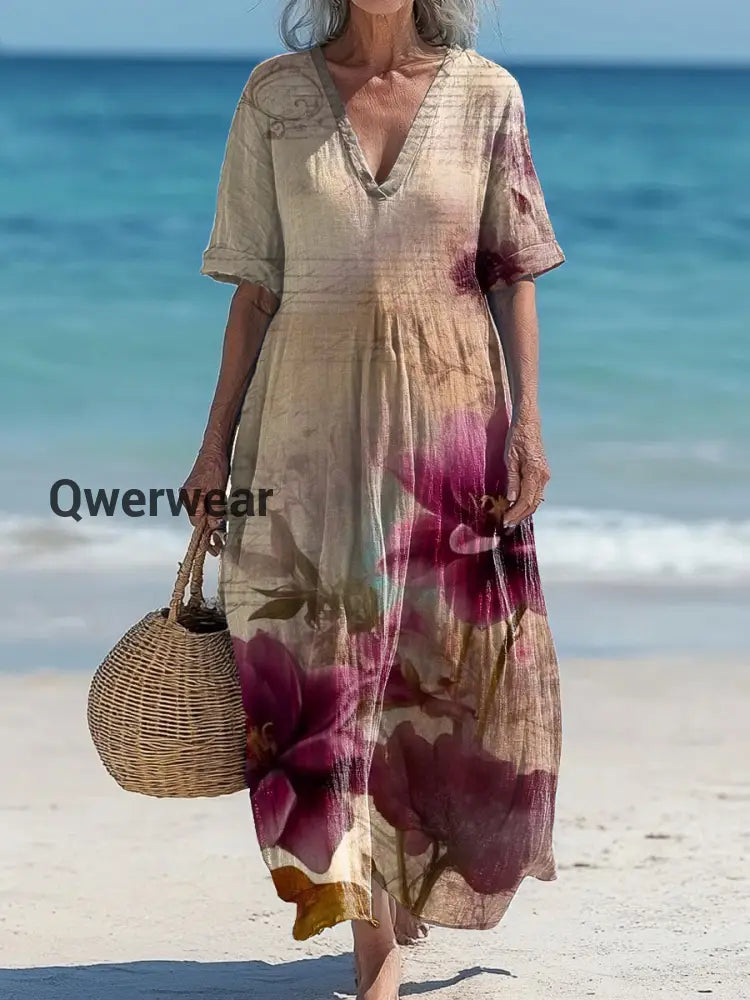 Vintage V-Neck Floral Art Print Elegant And Chic Loose Midi Dress A / S