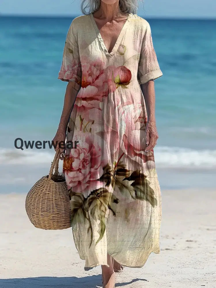 Vintage V-Neck Floral Art Print Elegant And Chic Loose Midi Dress A / S