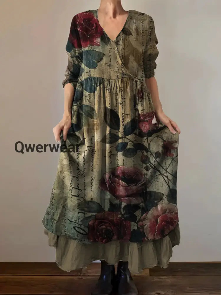 Vintage V-Neck Floral Print Casual Double-Layer Dress