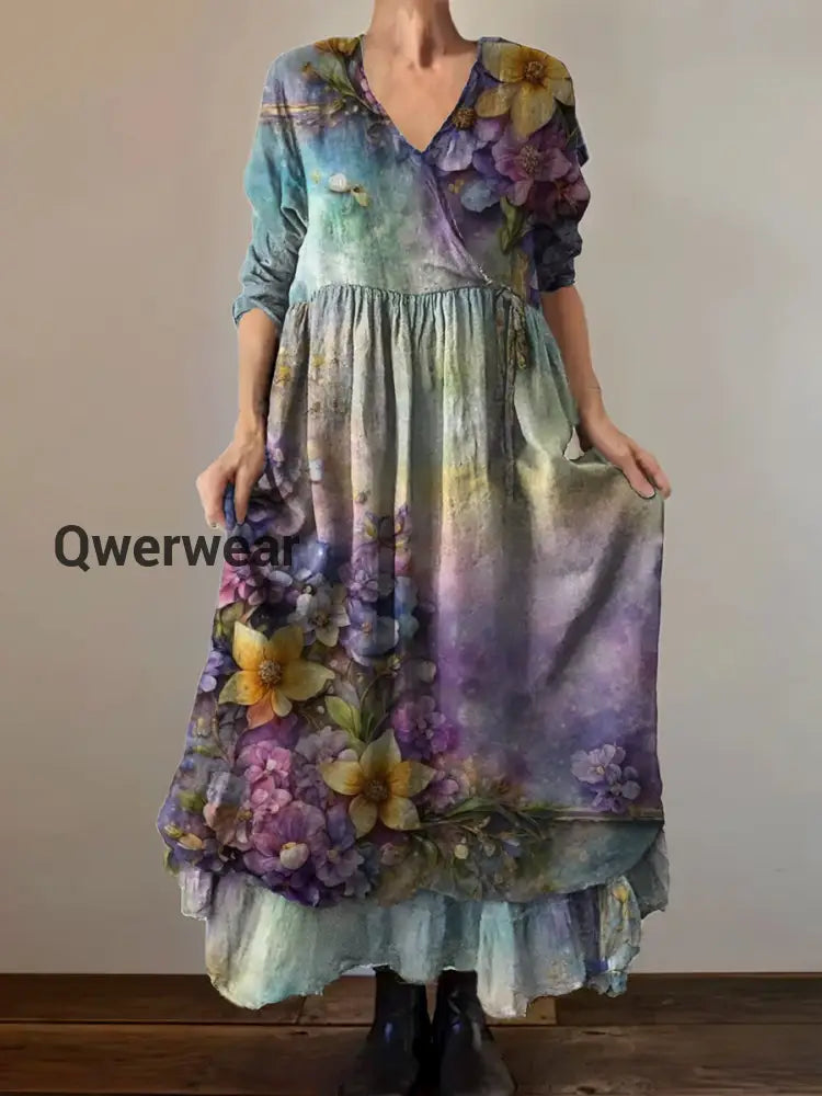 Vintage V-Neck Floral Print Casual Double-Layer Dress A / S