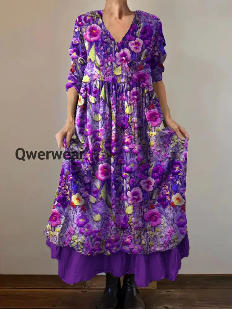 VintageV Neck Bohemian Floral Print Elegant Chic Loose Midi Dress B / S