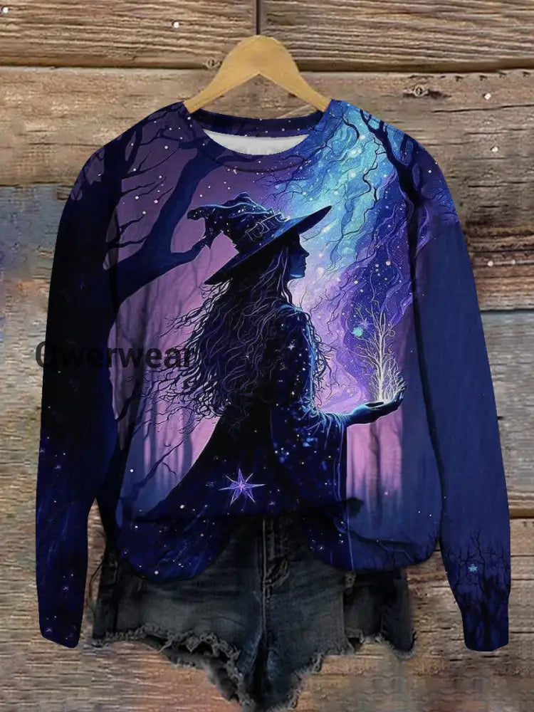 Witch Art Print Unisex Crew Neck Long Sleeve Casual Sweatshirt Deep Purple / S