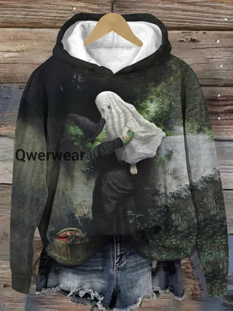 Witch Art Print Unisex Hooded Long Sleeve Casual Sweatshirt Black-Green / S