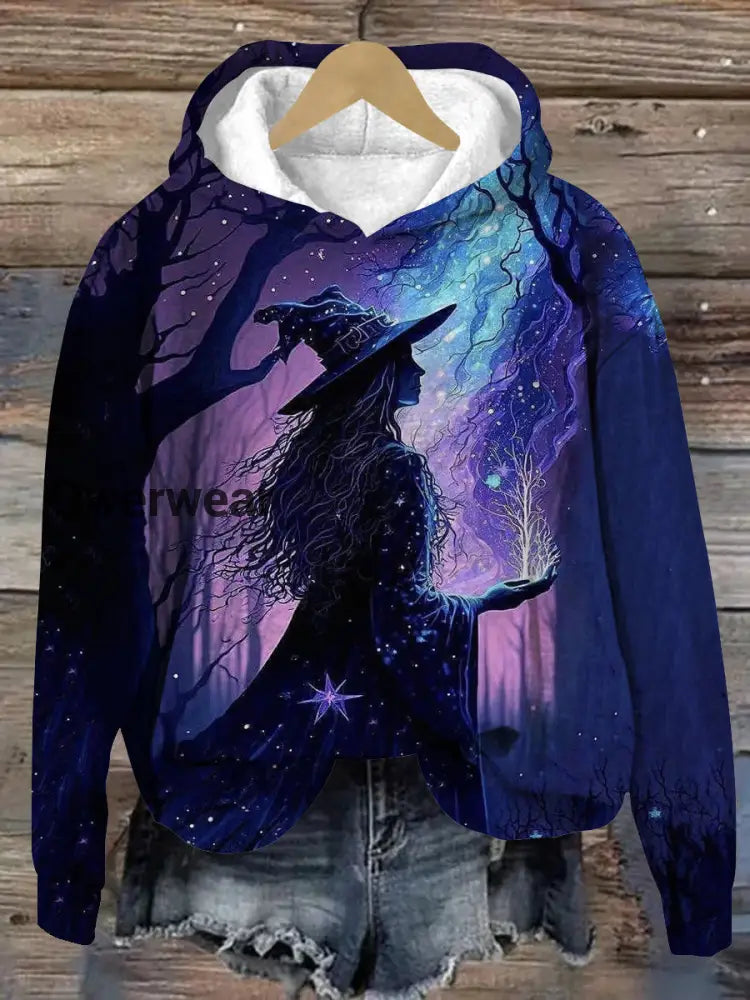 Witch Art Print Unisex Long Sleeve Casual Hooded Sweatshirt Deep Purple / S