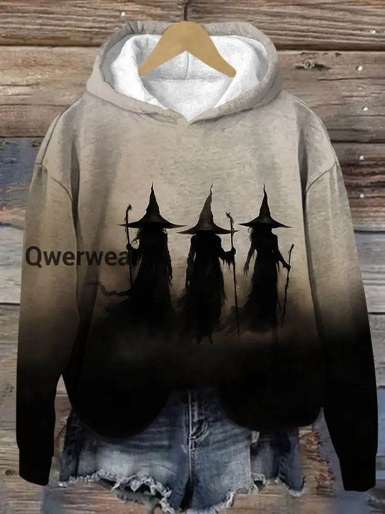 Witch Art Print Unisex Long Sleeve Casual Hooded Sweatshirt Dark Grey / S