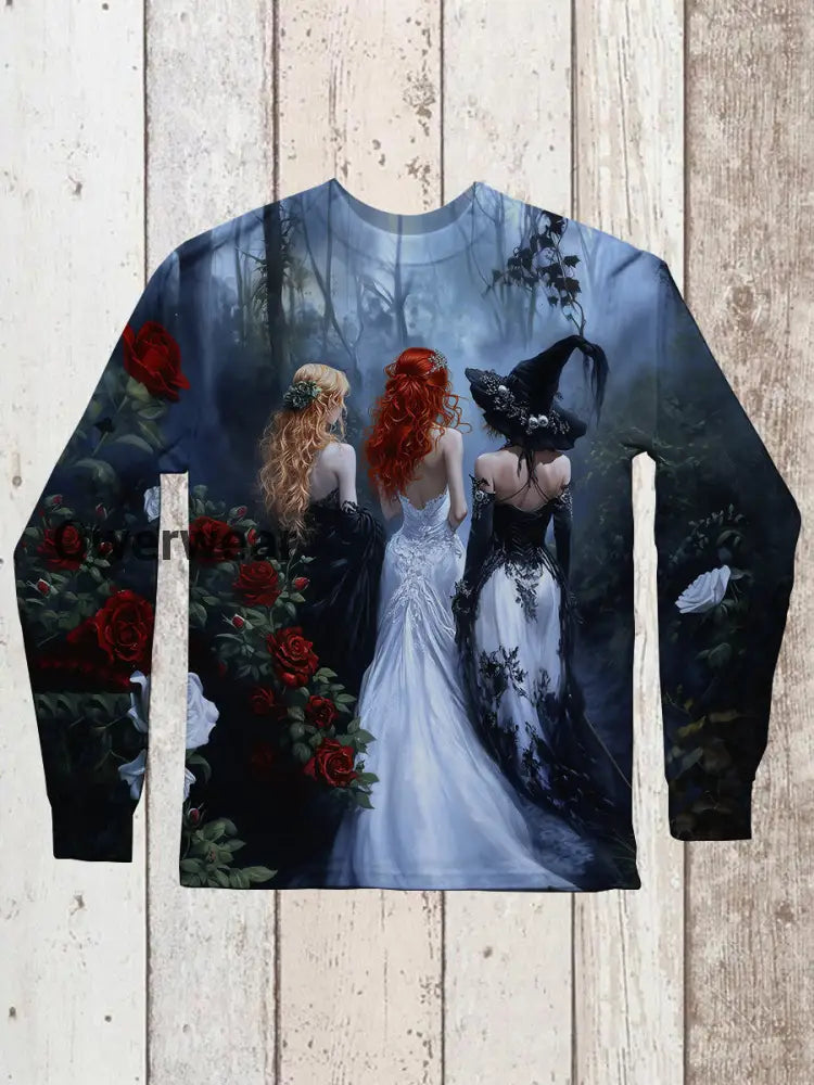 Witch Art Print Unisex Round Neck Long Sleeve Casual T-Shirt Gray / S