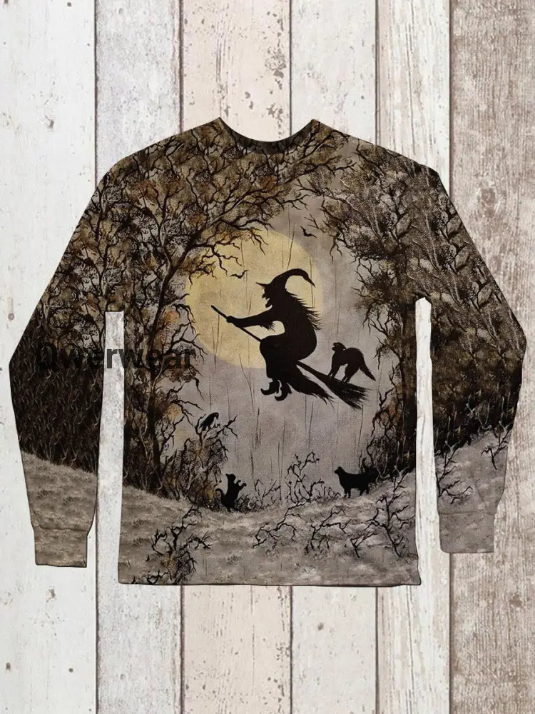 Witch Art Print Unisex Round Neck Long Sleeve Casual T-Shirt Light Brown / S
