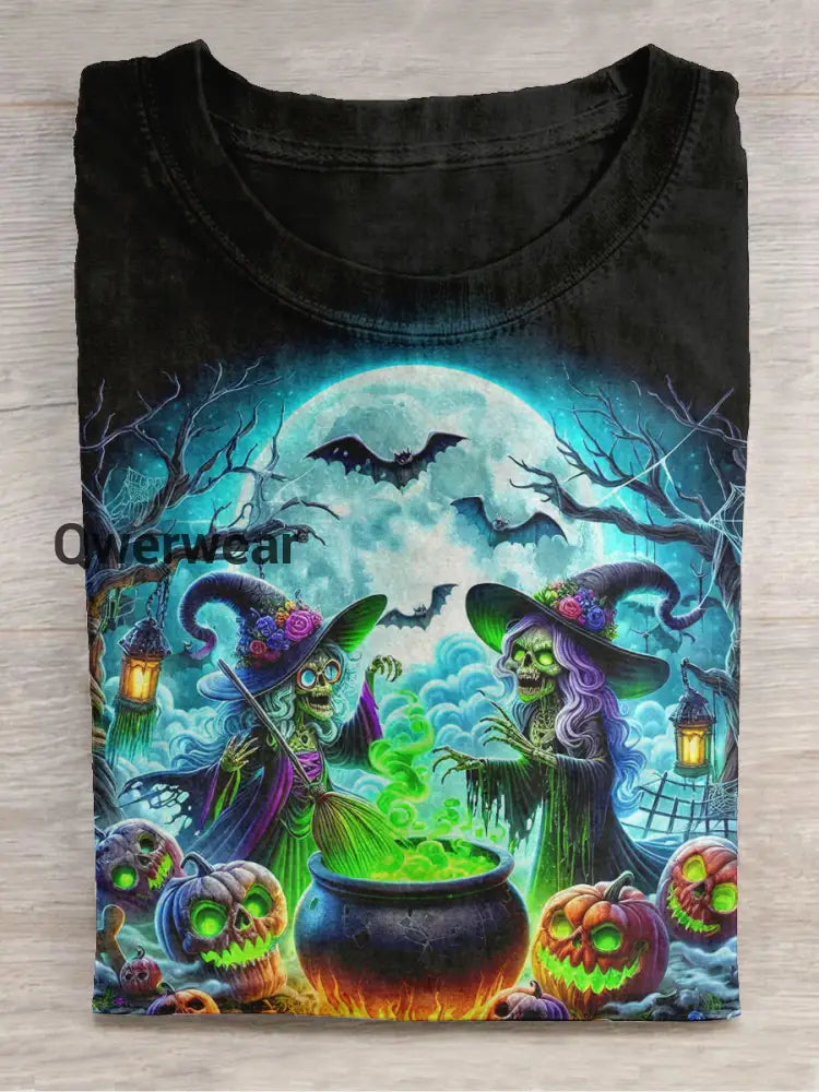 Witch Art Print Unisex Round Neck Short Sleeve Casual T-Shirt Black / S