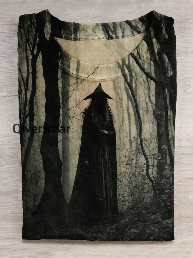 Witch Art Print Unisex Round Neck Short Sleeve Casual T-Shirt Dark Grey / S