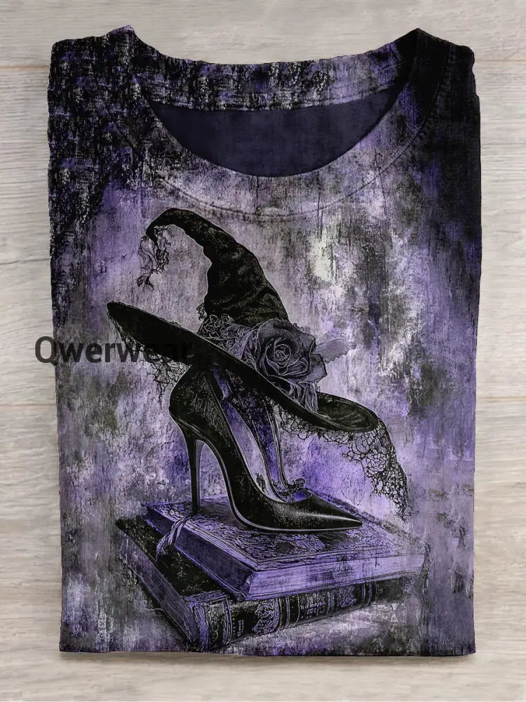 Witch Art Print Unisex Round Neck Short Sleeve Casual T-Shirt Deep Purple / S