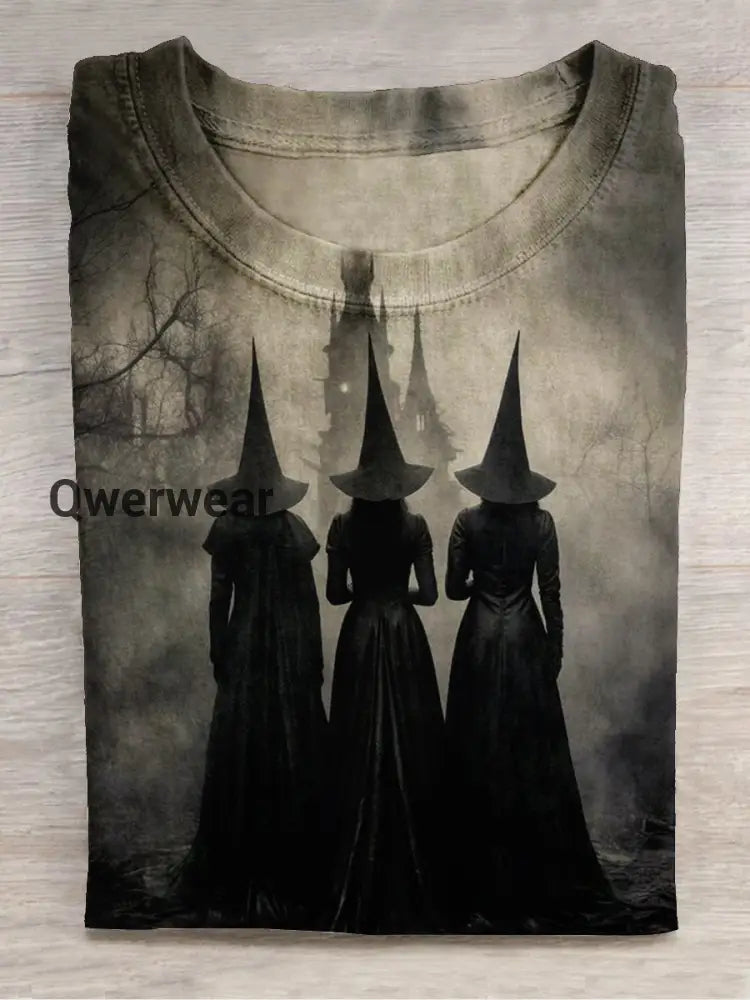 Witch Art Print Unisex Round Neck Short Sleeve Casual T-Shirt Gray / S