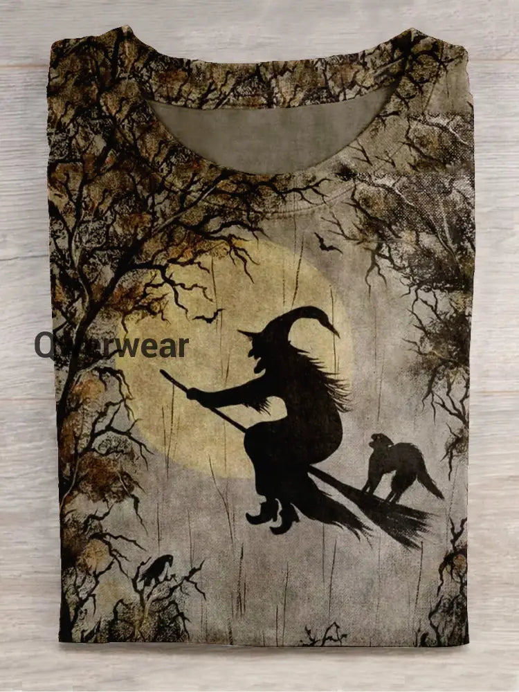 Witch Art Print Unisex Round Neck Short Sleeve Casual T-Shirt Light Brown / S