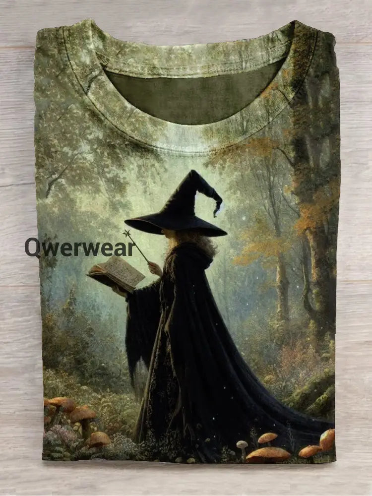 Witch Art Print Unisex Round Neck Short Sleeve Casual T-Shirt Light Brown / S