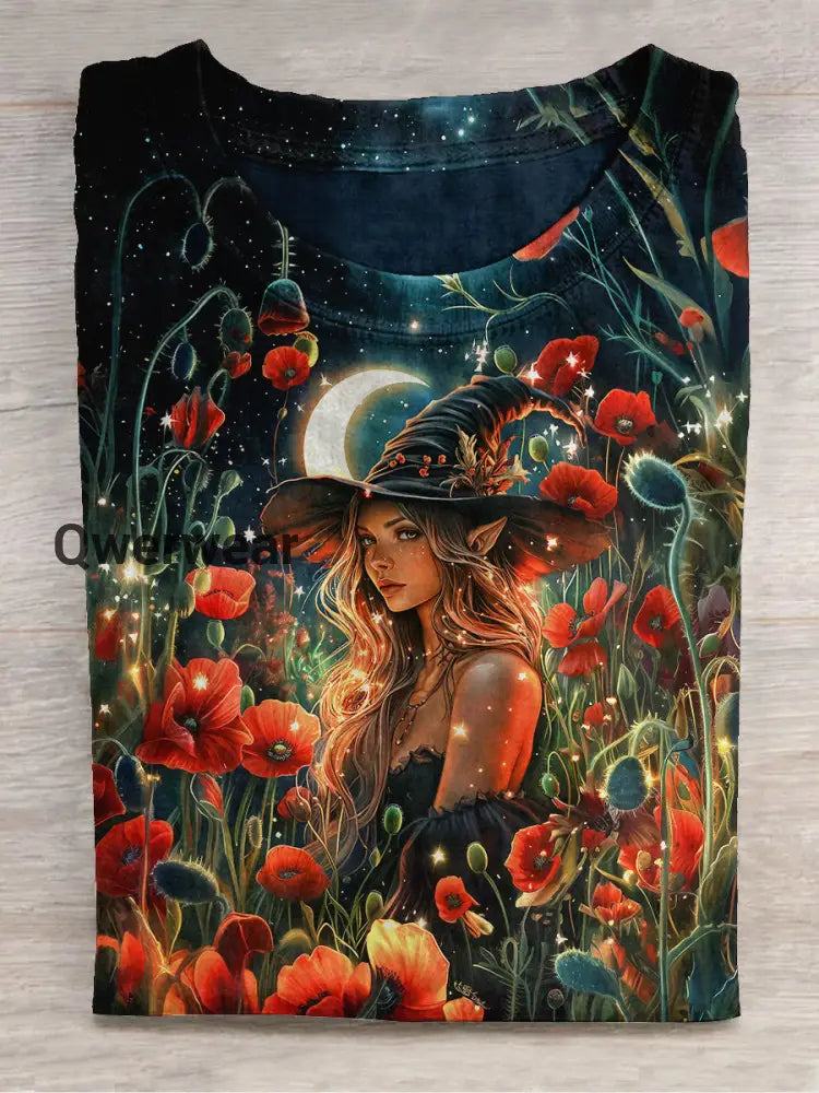 Witch Art Print Unisex Round Neck Short Sleeve Casual T-Shirt Navy Blue / S