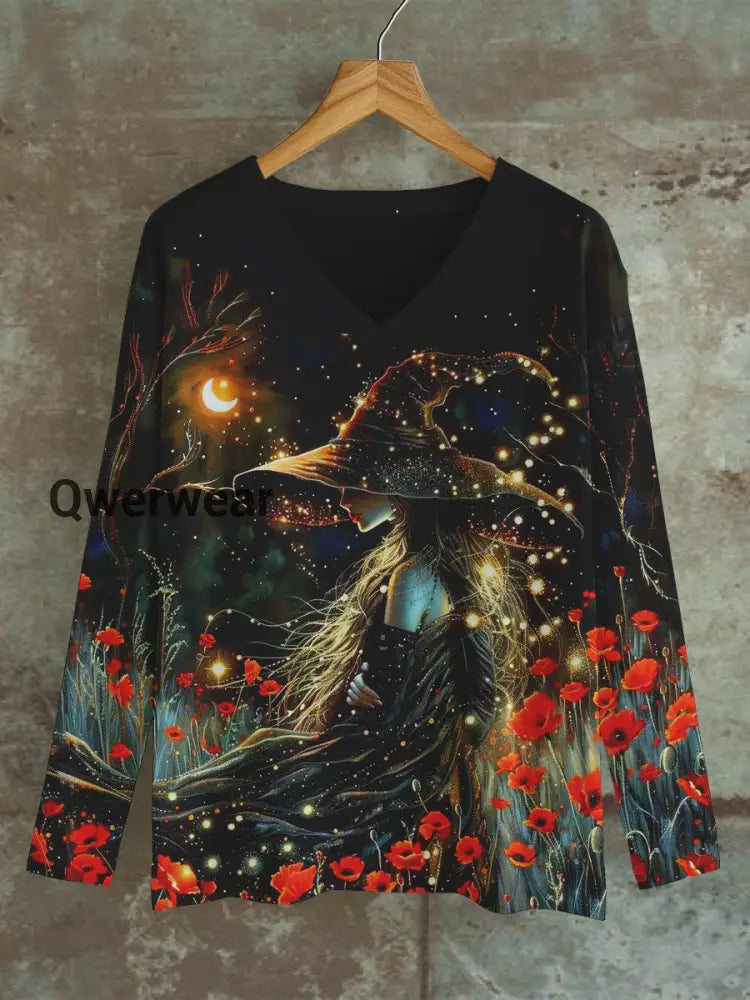 Witch Art Print Unisex V-Neck Long Sleeve Casual T-Shirt Black / S