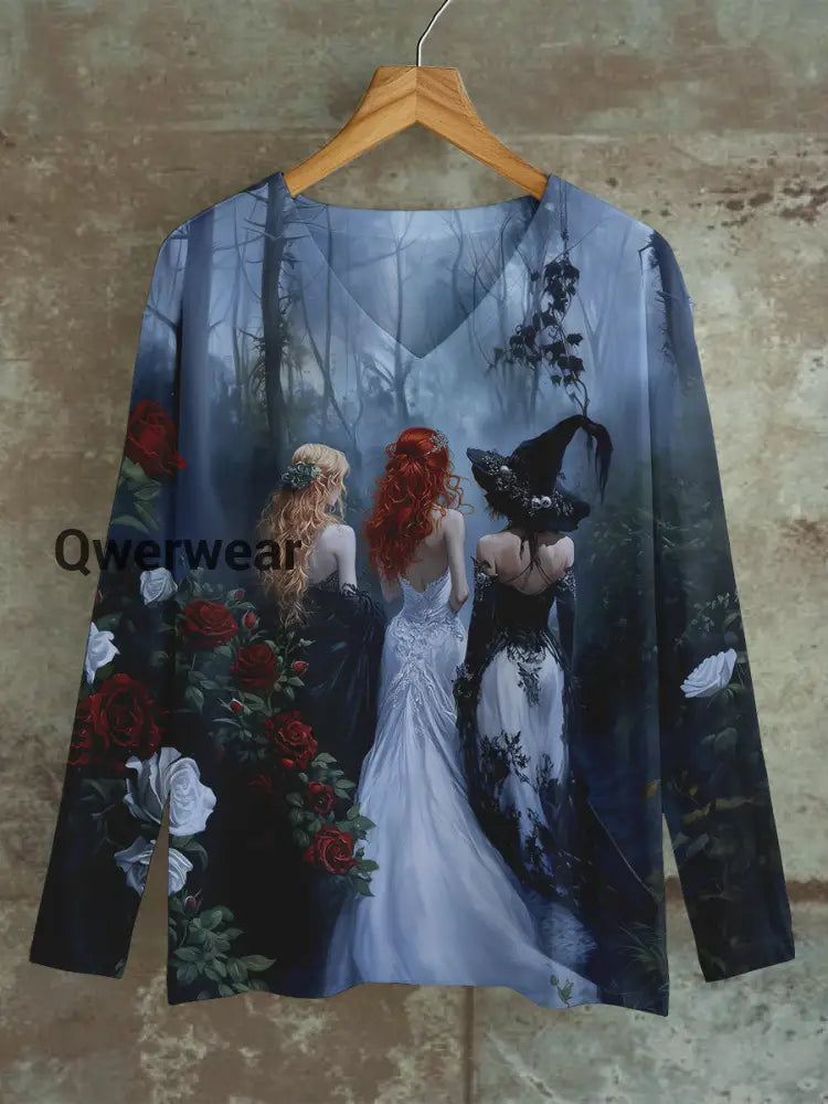 Witch Art Print Unisex V-Neck Long Sleeve Casual T-Shirt Dark Grey / S