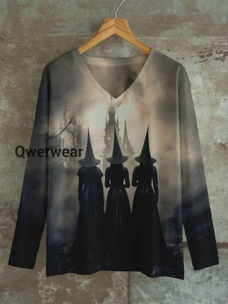 Witch Art Print Unisex V-Neck Long Sleeve Casual T-Shirt Gray / S