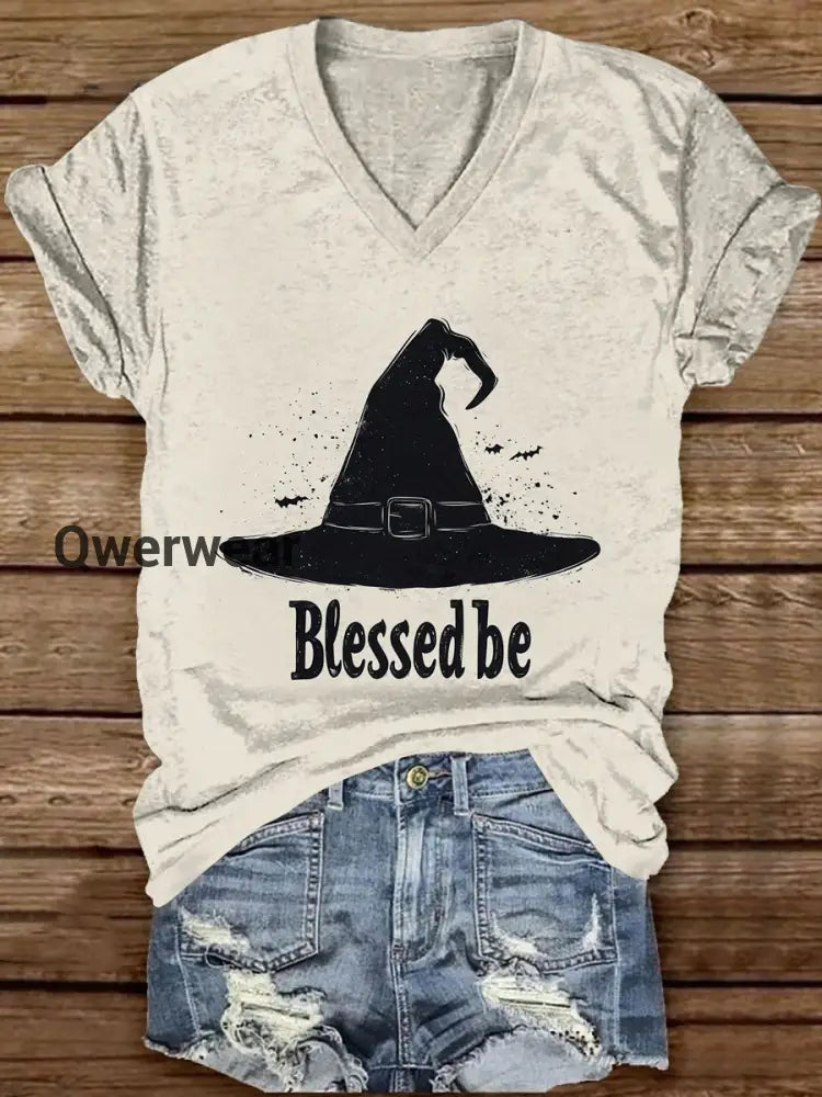 Witch Art Print Unisex V-Neck Short Sleeve Casual T-Shirt Beige / S