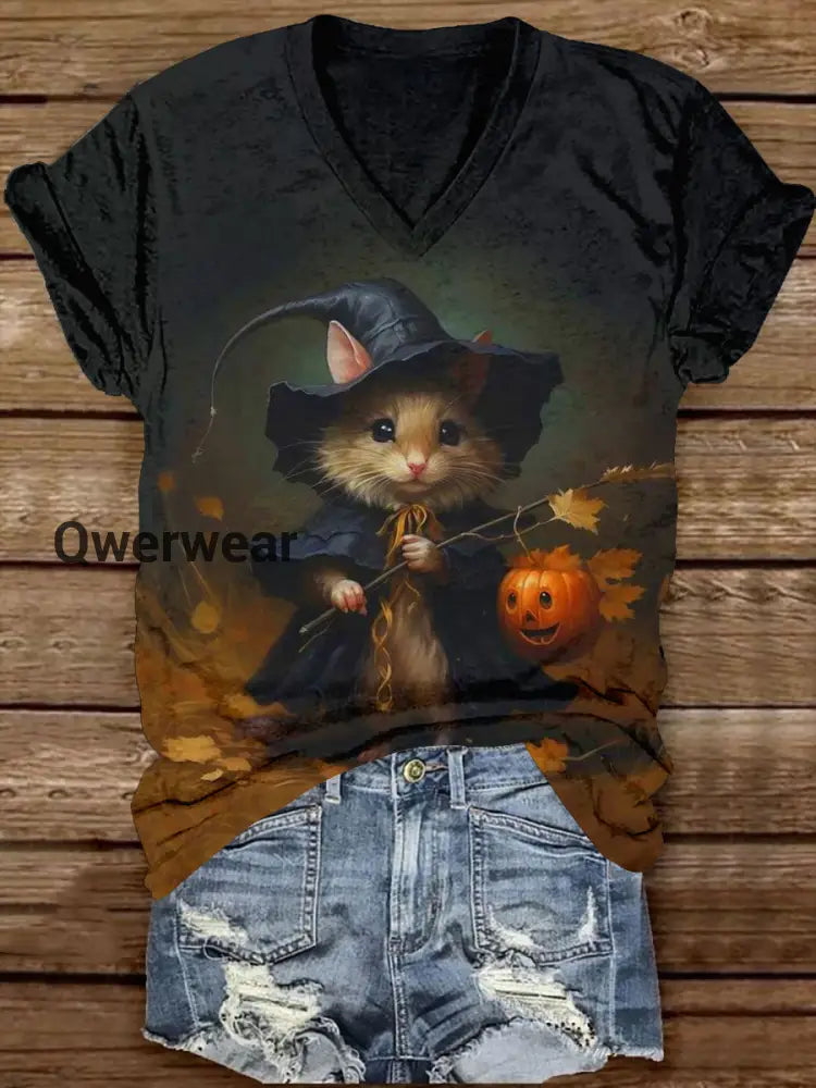 Witch Art Print Unisex V-Neck Short Sleeve Casual T-Shirt Black-Brown / S