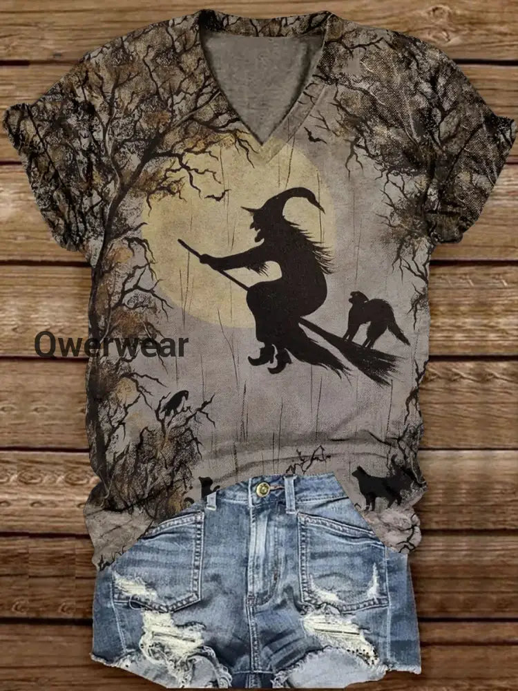 Witch Art Print Unisex V-Neck Short Sleeve Casual T-Shirt Brown / S