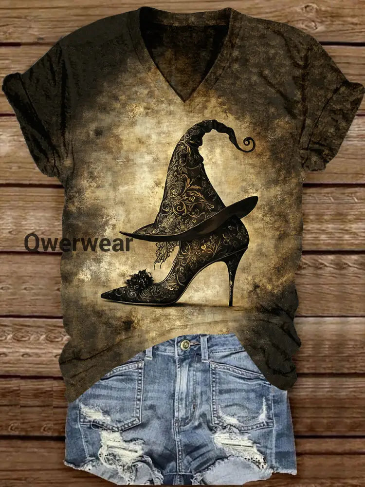 Witch Art Print Unisex V-Neck Short Sleeve Casual T-Shirt Dark Brown / S