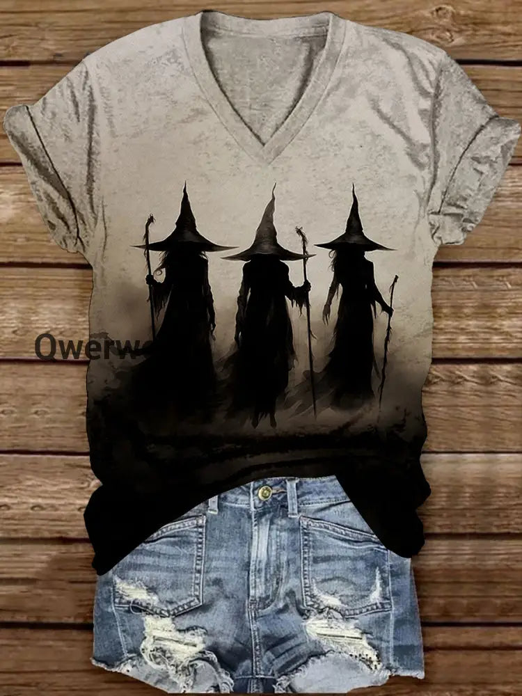 Witch Art Print Unisex V-Neck Short Sleeve Casual T-Shirt Dark Grey / S