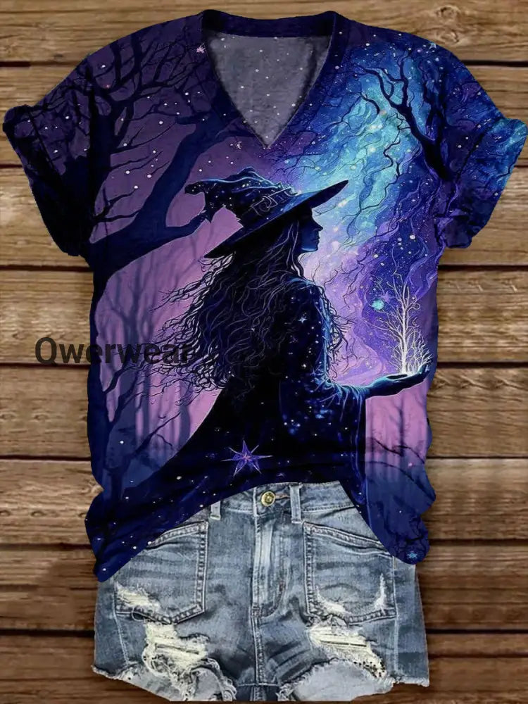 Witch Art Print Unisex V-Neck Short Sleeve Casual T-Shirt Deep Purple / S