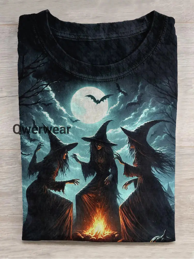 Witch Bonfire Dance Ceremony Art Print Unisex Round Neck Short Sleeve Casual T-Shirt Dark Blue / S