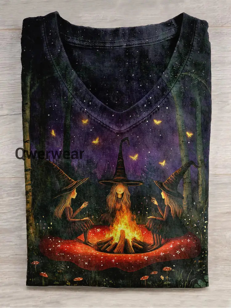 Witch Bonfire Ritual Art Print Unisex V-neck Short Sleeve Casual T-shirt Black-Purple / S