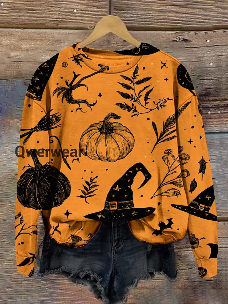 Witch Halloween Graphic Art Print Unisex Crew Neck Long Sleeve Casual Sweatshirt Orange / S