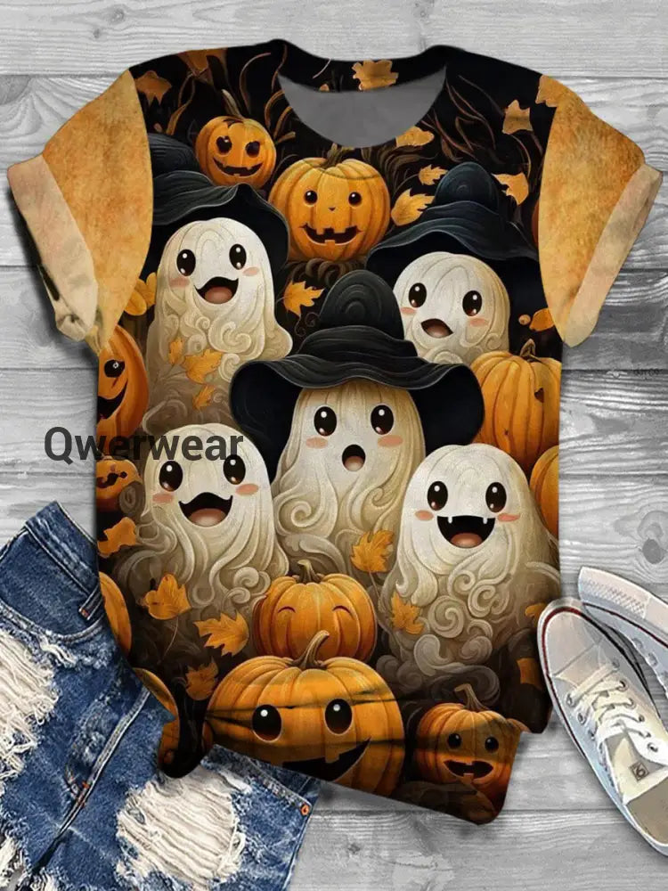 Witch Hat Ghost Print Casual T-Shirt As Picture / S