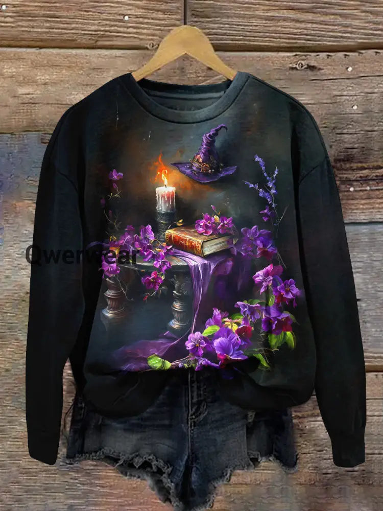 Witch Magic Book Art Print Unisex Crew Neck Long Sleeve Casual Sweatshirt Black / S