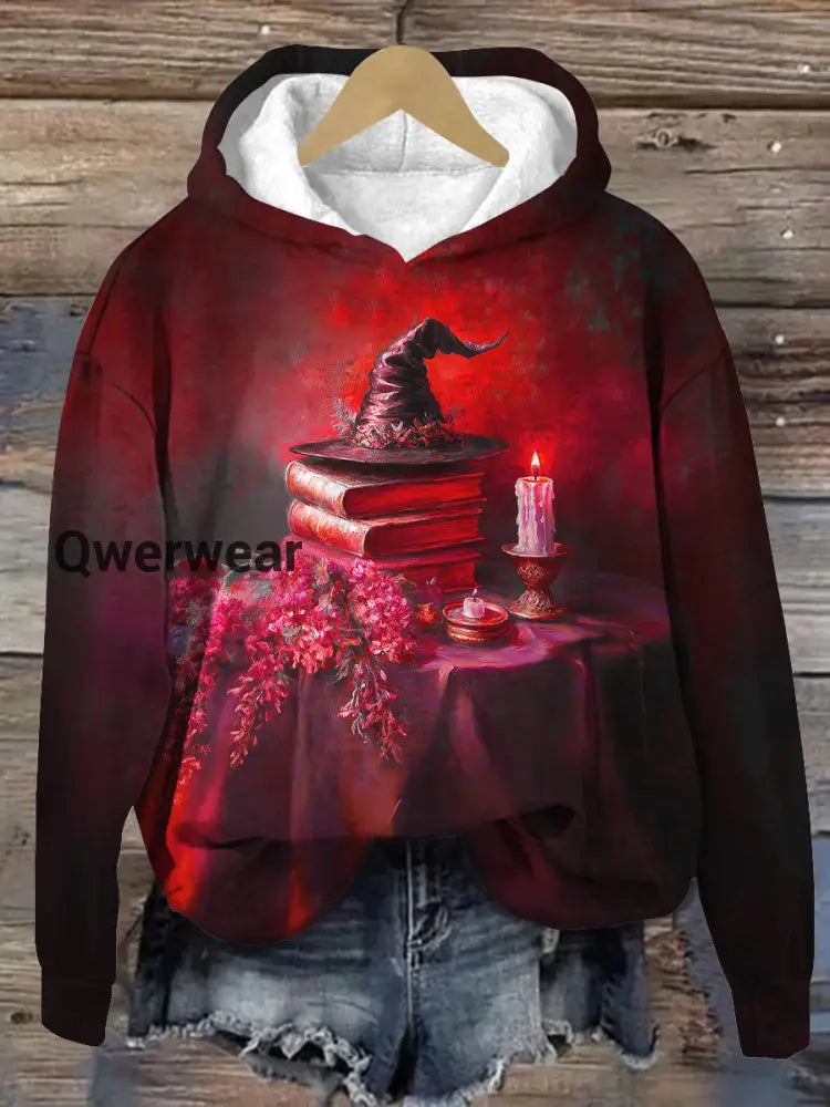 Witch Magic Book Art Print Unisex Long Sleeve Casual Hooded Sweatshirt Black-Red / S