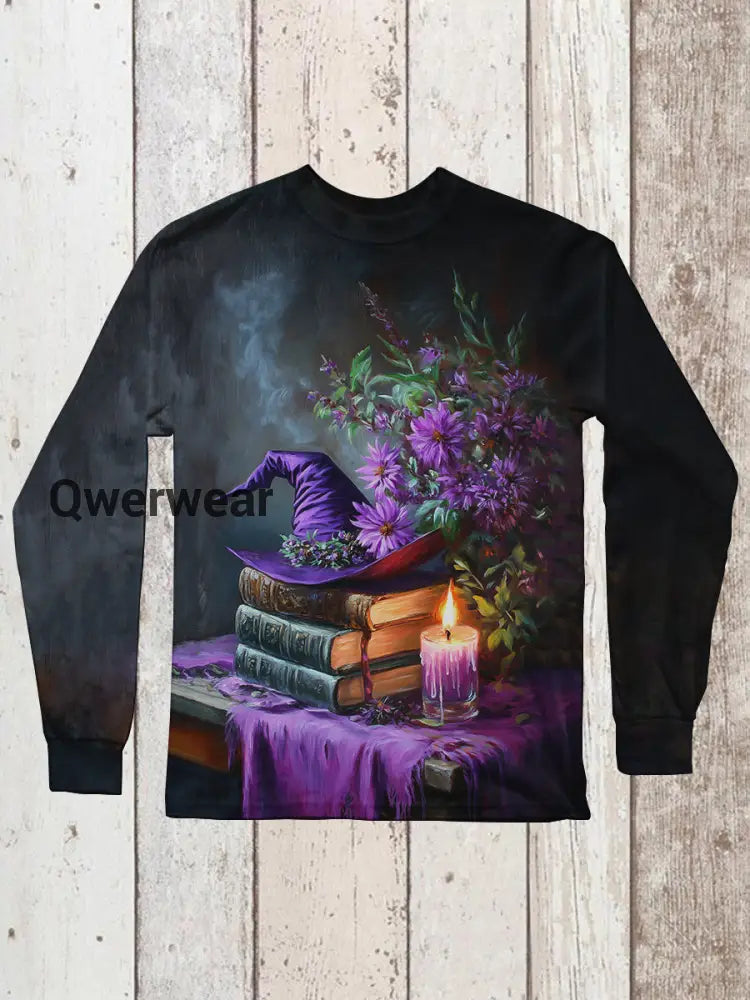 Witch Magic Book Art Print Unisex Round Neck Long Sleeve Casual T-Shirt Black-Purple / S