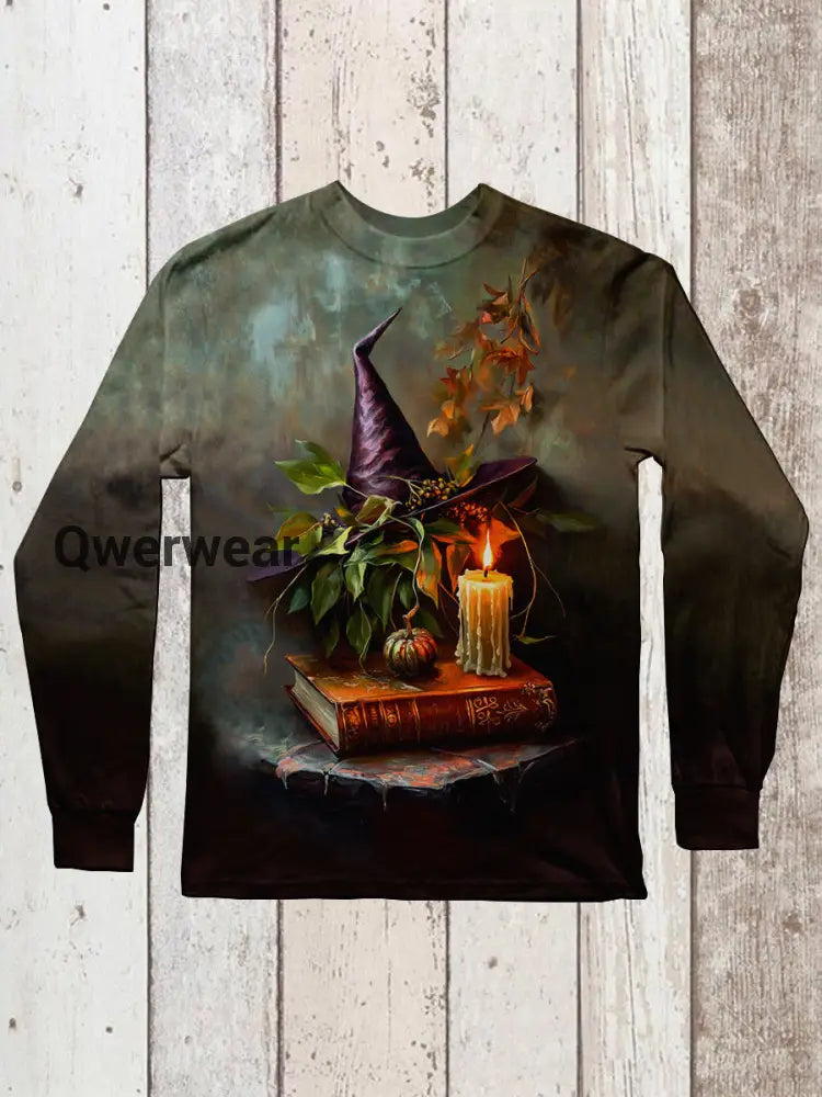 Witch Magic Book Art Print Unisex Round Neck Long Sleeve Casual T-Shirt Light Brown / S