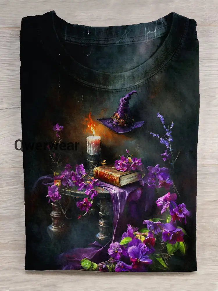 Witch Magic Book Art Print Unisex Round Neck Short Sleeve Casual T-Shirt Black / S