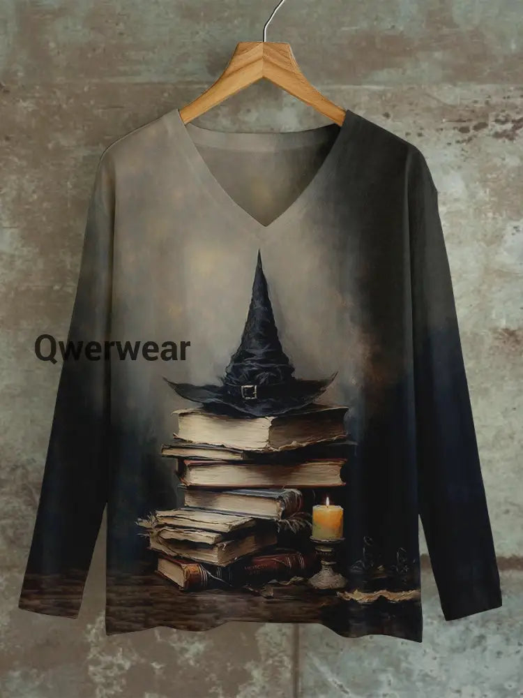 Witch Magic Book Art Print Unisex V Neck Long Sleeve Casual T-Shirt Black-Brown / S